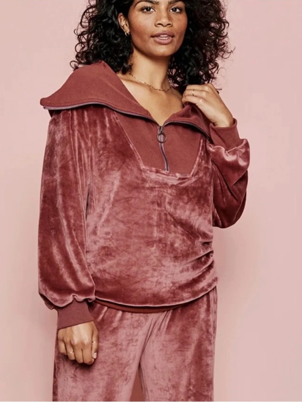 NWT SUMMERSALT Velour Lounge Set Rosewood Half Zip Pullover/Straight Leg Pants